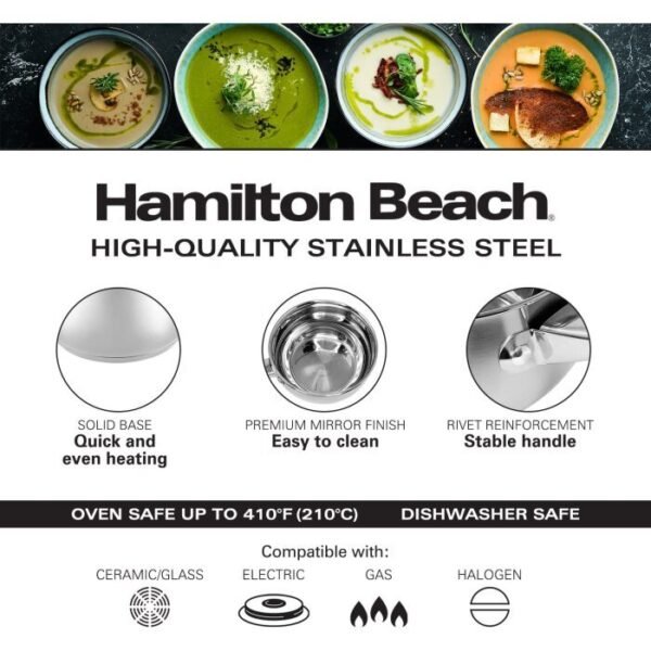Hamilton Beach Sauce Pan Acero Inox 1.9L | 2Qt C/Tapa Vidrio Induccion Profesional Hbq101 - Image 2
